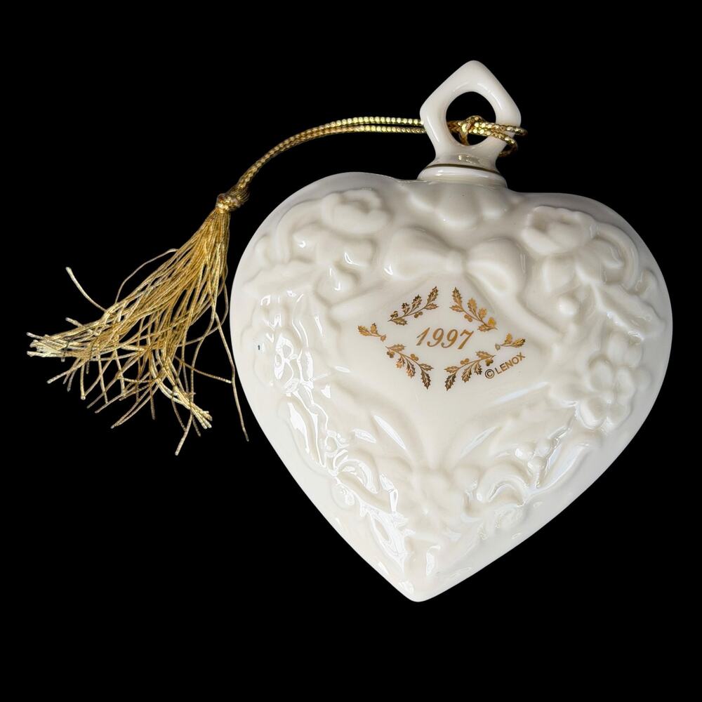 Lenox 1997 Annual Christmas Ornament Porcelain Heart Embossed Gold Tassel Puffy
